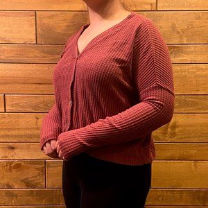 Wine red long sleeves waffle knit crop top
